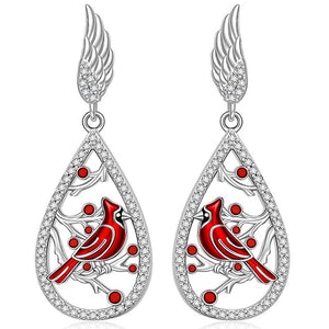 Silver Red Cardinal Bird CZ Wing Drop Earrings Pair