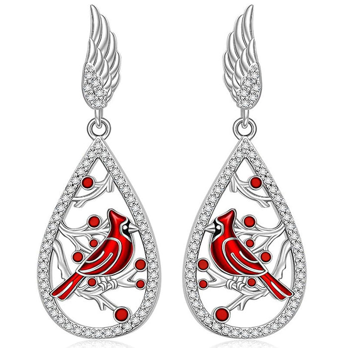 Silver Red Cardinal Bird CZ Wing Drop Earrings Pair