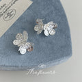Silver-Tone Textured Double Flower Clear Stone Stud Earrings view 3