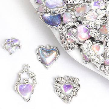 Iridescent Ornate Heart Metal Jewelry Charms, 4 Shapes