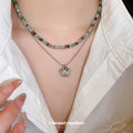 Turquoise Brown Bead Silver Flower Double Layer Necklace view 1