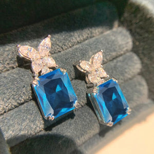 Blue Square Gem Butterfly CZ Stud Earrings Silver Tone