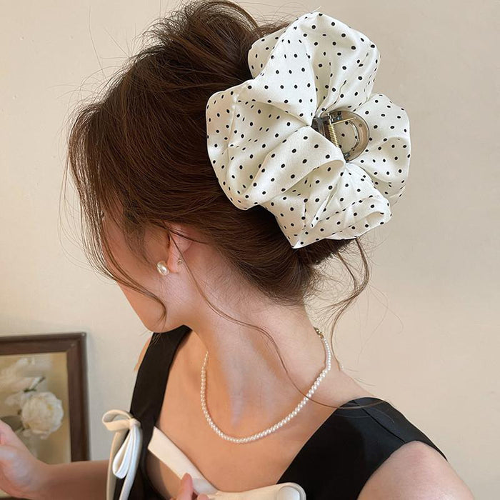 White Black Polka Dot Fabric Ruffle Large Hair Claw Clip
