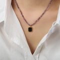 Purple Faceted Bead Necklace Black Square Gold Frame Pendant view 6