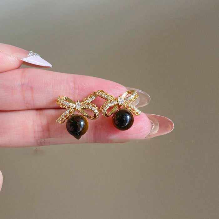 Brown Cabochon Bow Stud Earrings with Crystal Accents