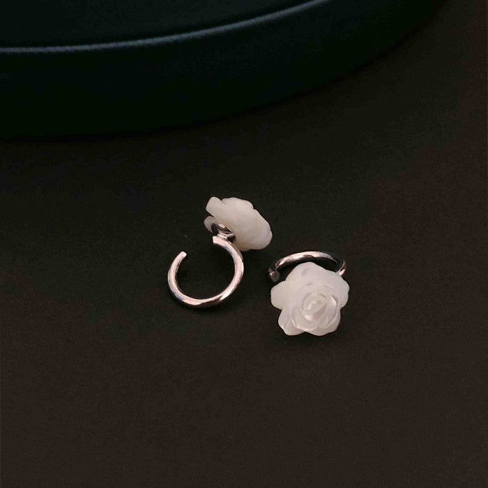 Silver Tone Sculpted White Rose Flower Clip On Earrings