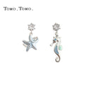 Silver Tone Aqua Starfish And Seahorse Asymmetric Drop Earrings view 1