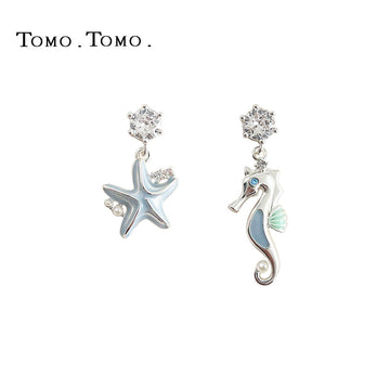 Silver Tone Aqua Starfish And Seahorse Asymmetric Drop Earrings