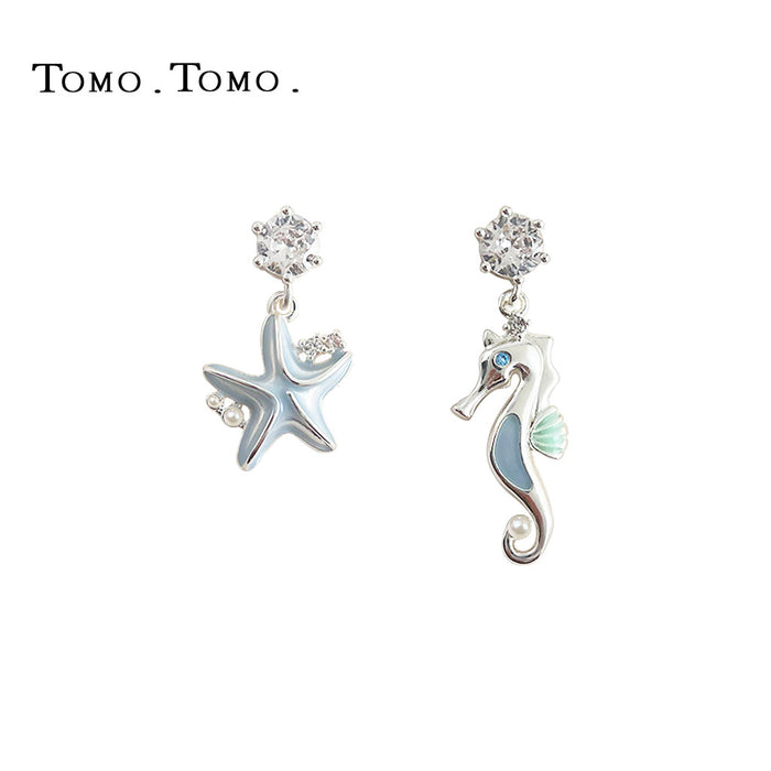 Silver Tone Aqua Starfish And Seahorse Asymmetric Drop Earrings