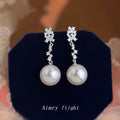 Silver Crystal Cluster Pearl Drop Earrings Cascading Stones view 4