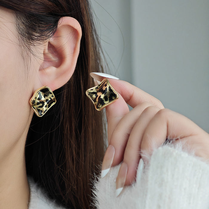 Gold Tone Leopard Print Wavy Square Statement Stud Earrings