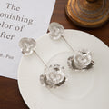 Double Flower Long Dangle Stud Earrings in Gold and Silver view 7