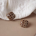 Brown Checkered Enamel Stud Earrings Gold Grid Square Shape view 2