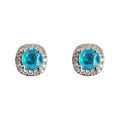 Silver Tone Aqua Blue Square Stone Clear Halo Stud Earrings view 5