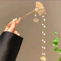 Gold Tone Fan Hair Stick With Pearl Like Chains And Leaf Drops view 6