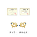 Gold Pretzel Heart Knot Stud Earrings Blue Crystal Pair view 3