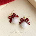 Burgundy Bow Drop Earrings White Fluffy Pom Ball Posts view 1