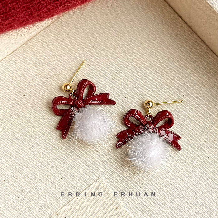 Burgundy Bow Drop Earrings White Fluffy Pom Ball Posts