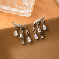 Silver Tone Lily Bell and Clear Stone Dangle Stud Earrings view 4