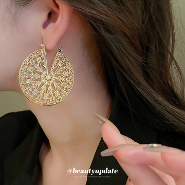 Gold Tone Filigree Oversized Round Disc Statement Earrings