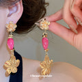 Gold Flower Necklace Pink Teal Beads Matching Drop Earrings view 3