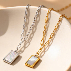 White Seashell Rectangle Pendant Necklace in Two Metal Tones
