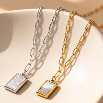White Seashell Rectangle Pendant Necklace in Two Metal Tones