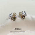 Silver Tone Cluster Stud Earrings Pearl Clear Stones Brown Crystal view 1
