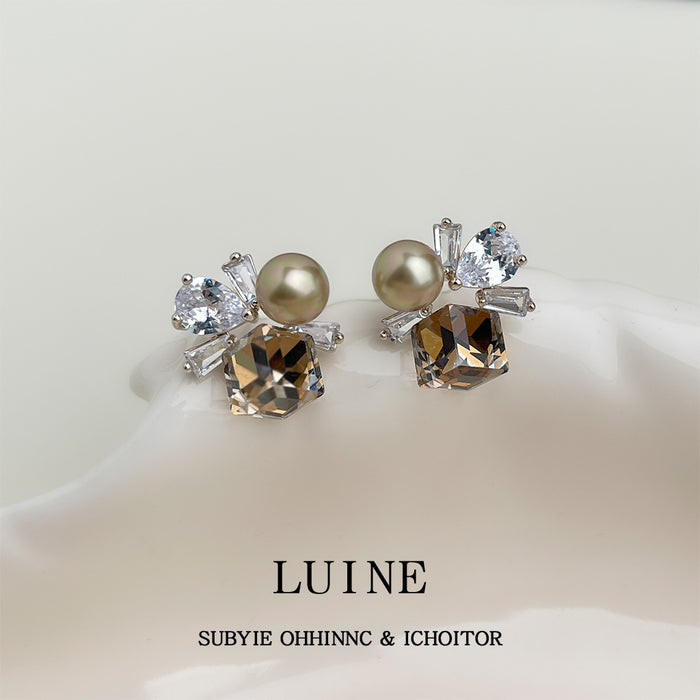 Silver Tone Cluster Stud Earrings Pearl Clear Stones Brown Crystal