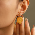 Gold Tone Sunflower Dangle Earrings Textured Titanium Steel view 3