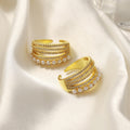 Gold Tone Open Ring Multi Band Pearl Row And Pavé Stones view 4