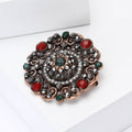 Antique Copper Round Filigree Brooch Red Green Rhinestones view 3