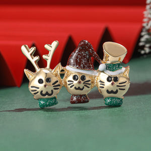 Gold Christmas Three Cats Brooch Reindeer Santa Top Hat Pin