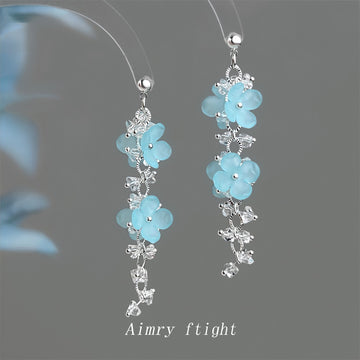 Silver Tone Aqua Flower Glass Crystal And Resin Long Drop Earrings