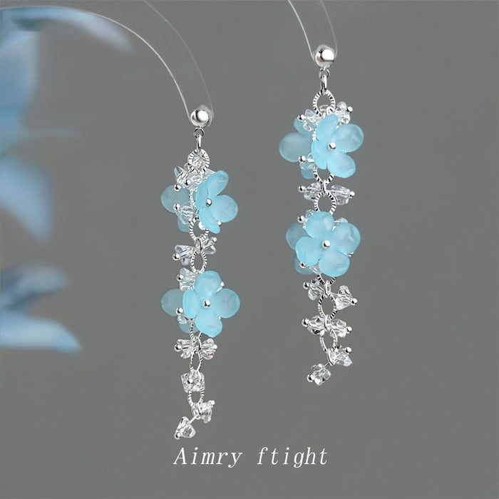Silver Tone Aqua Flower Glass Crystal And Resin Long Drop Earrings