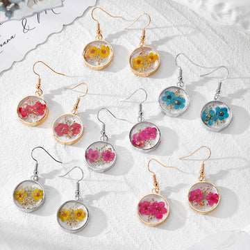 Round Resin Dried Flower Drop Earrings Gold Silver 6 Styles
