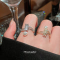 Gold Open Geometric Pearl And Pave Clear Stone Ring view 3