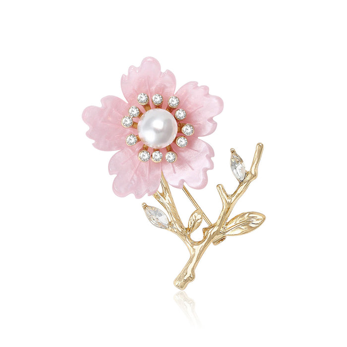 Translucent Flower Branch Brooch in White or Pink With Pearl
