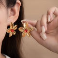 Gold Five Petal Flower Color Center Statement Stud Earrings view 3