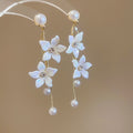 White Floral Branch Drop Earrings With Pearl Accents view 6