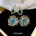Crystal Leaf and Flower Drop Earrings in Green and Blue view 1