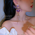Purple Crystal Bow Heart Tassel Earrings Fashion Jewelry Accessories view 2