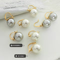 Large Round Faux Pearl Drop Earrings Gold Steel Tone view 3