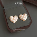 Gold Tone Pink Pearlescent Checker Grid Heart Stud Earrings For Women view 1