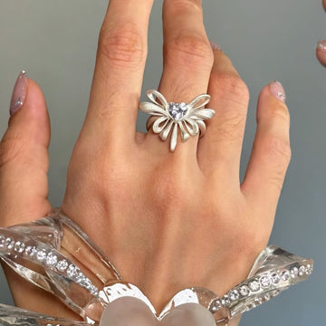 Silver Open Heart Bow Ribbon Ring Clear Center Stone