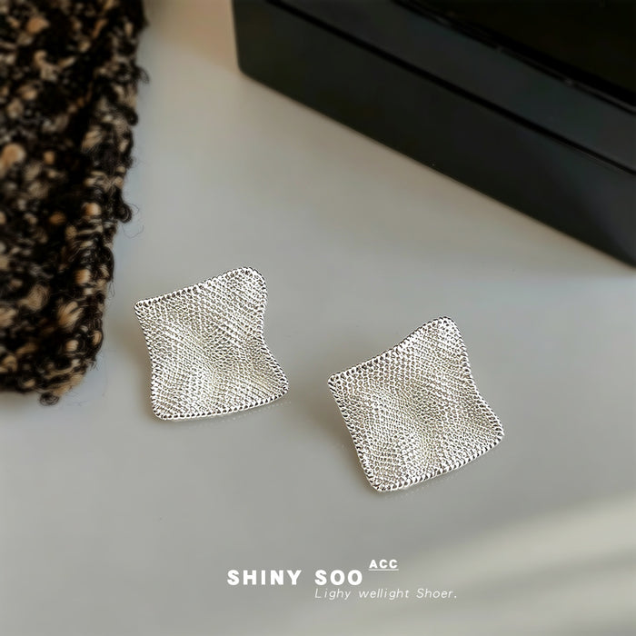 Silver Textured Geometric Square Liquid Metal Stud Earrings