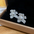 Double Flower Stud Earrings With Clear and Pastel Stones view 7