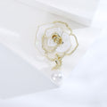 Gold Camellia Flower Brooch Pearl Drop Black White Enamel view 7