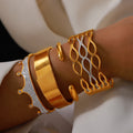 Crown Lattice Cuff Wide Bangle Bracelets Gold Steel view 3