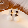 White Fur Pom Drop Earrings Tiger Eye Chips Crystal Posts view 2